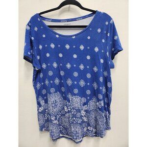 Wesport Womens BOHO T-Shirt XL Blue Cotton Short Sleeve Embellished Rounded Hem
